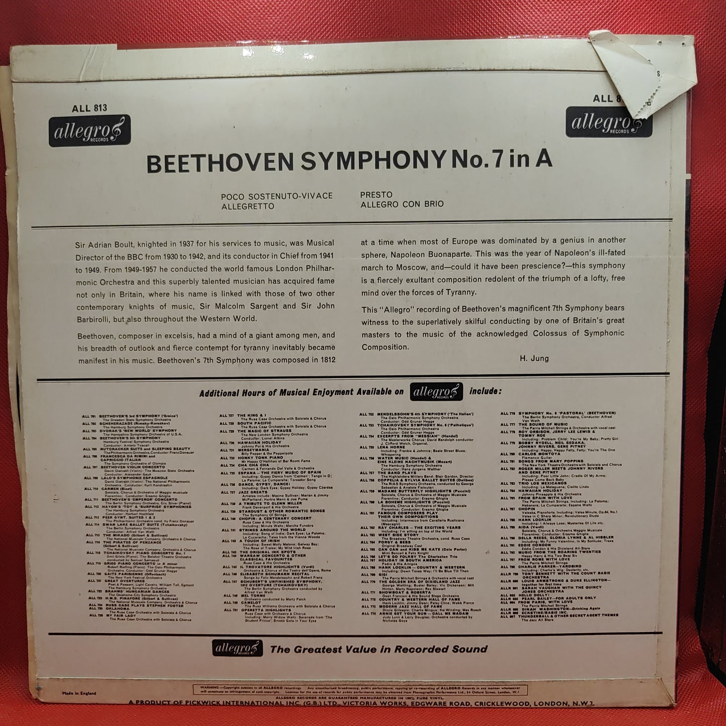 Beethoven, Sir Adrian Boult dirigiert das Philharmonic Promenade Orchestra of London – Sinfonie Nr. 7 in A-Dur