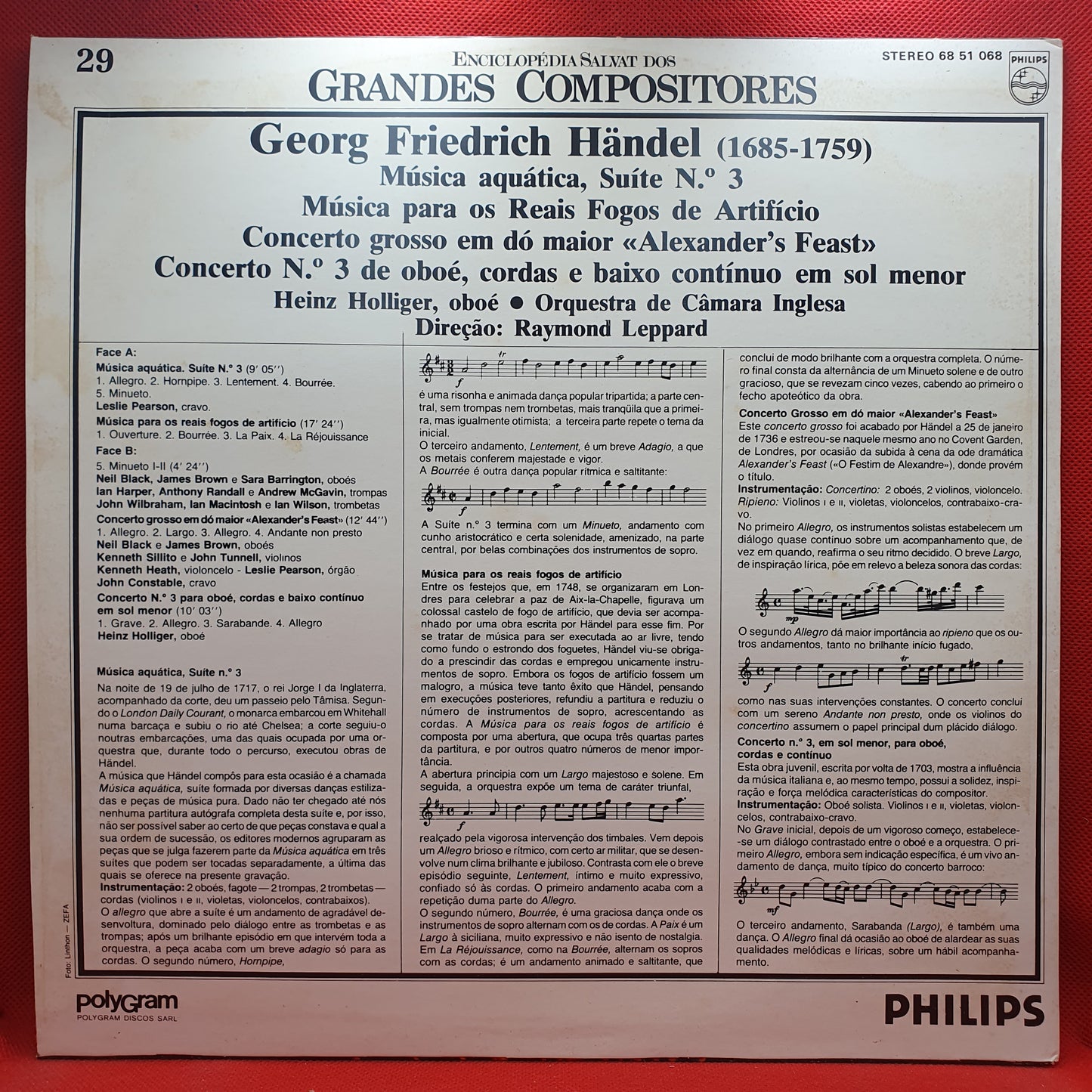 G F Händel, Heinz Holliger, Raymond Leppard, Leslie Pearson – Música Aquática, Suíte nº3, Música para os Reais Fogos de Artifício