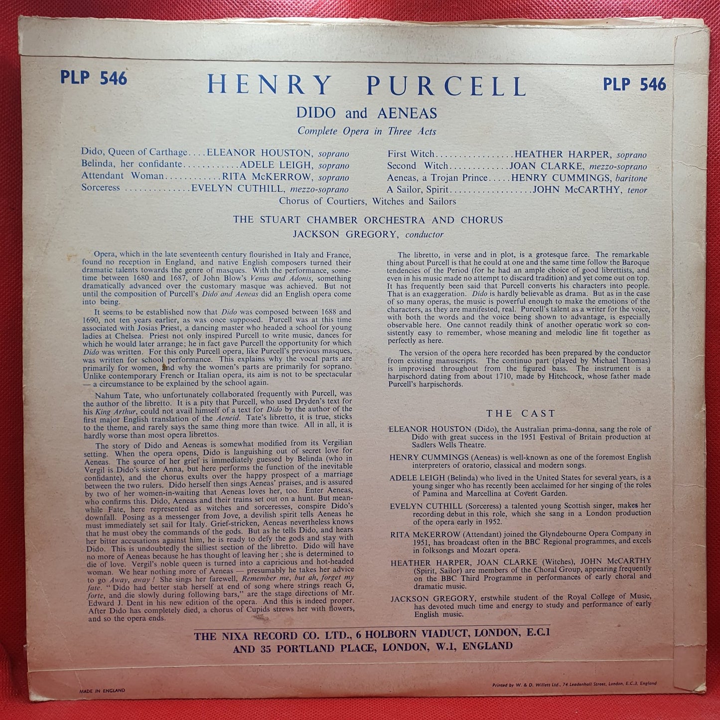 Henry Purcell / Eleanor Houston, Henry Cummings, The Stuart Chamber Orchestra* And Chorus Of London*, Jackson Gregory - Dido And Aeneas (LP)