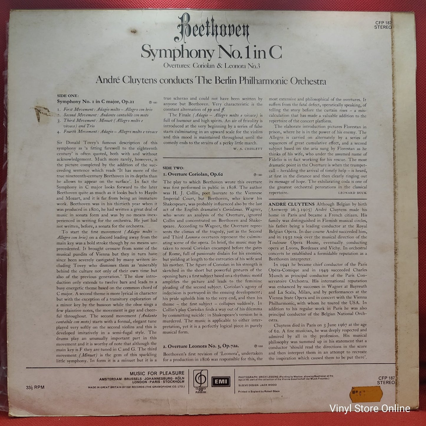 Beethoven, André Cluytens, The Berlin Philharmonic Orchestra - Symphony No. 1 In C / Overtures: Coriolan & Leonora No. 3 (LP)