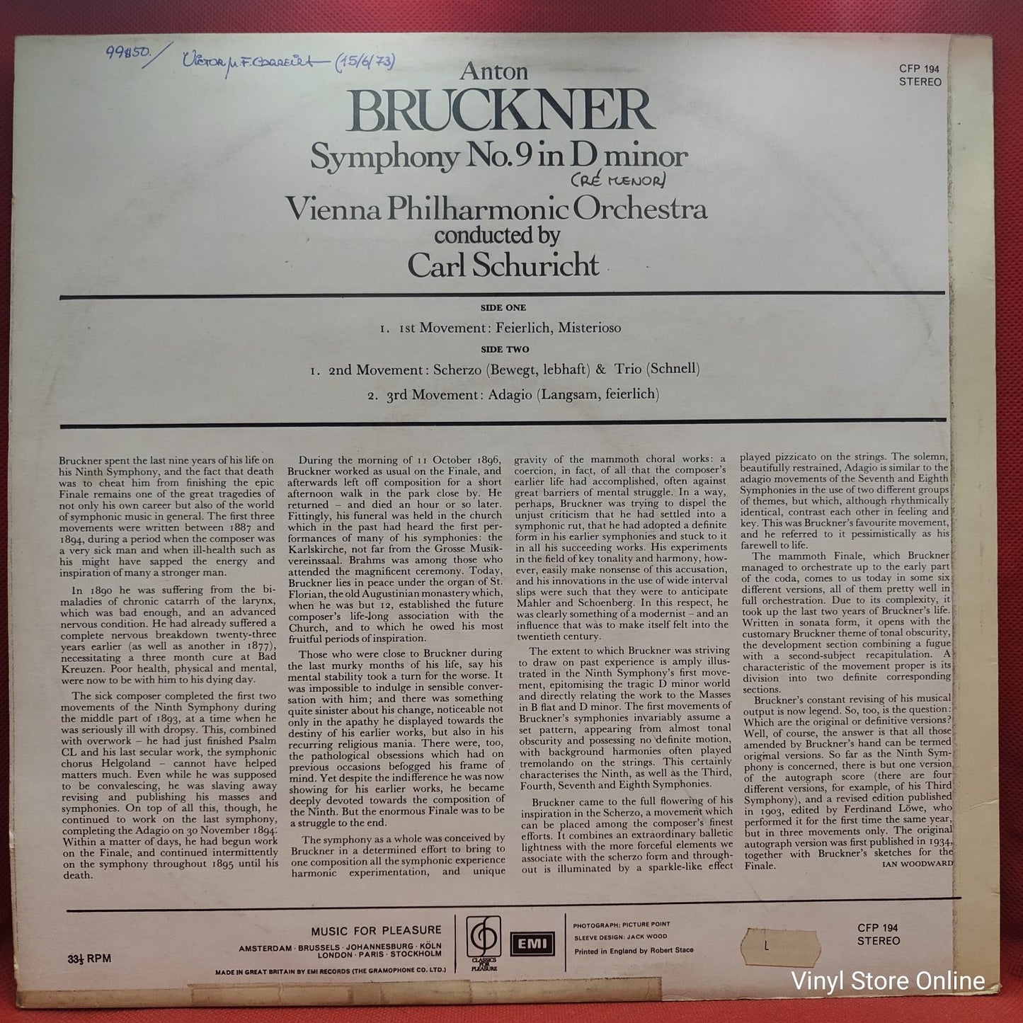 Bruckner, Vienna Philharmonic Orchestra, Carl Schuricht - Symphony No. 9 In D Minor (LP, RE)
