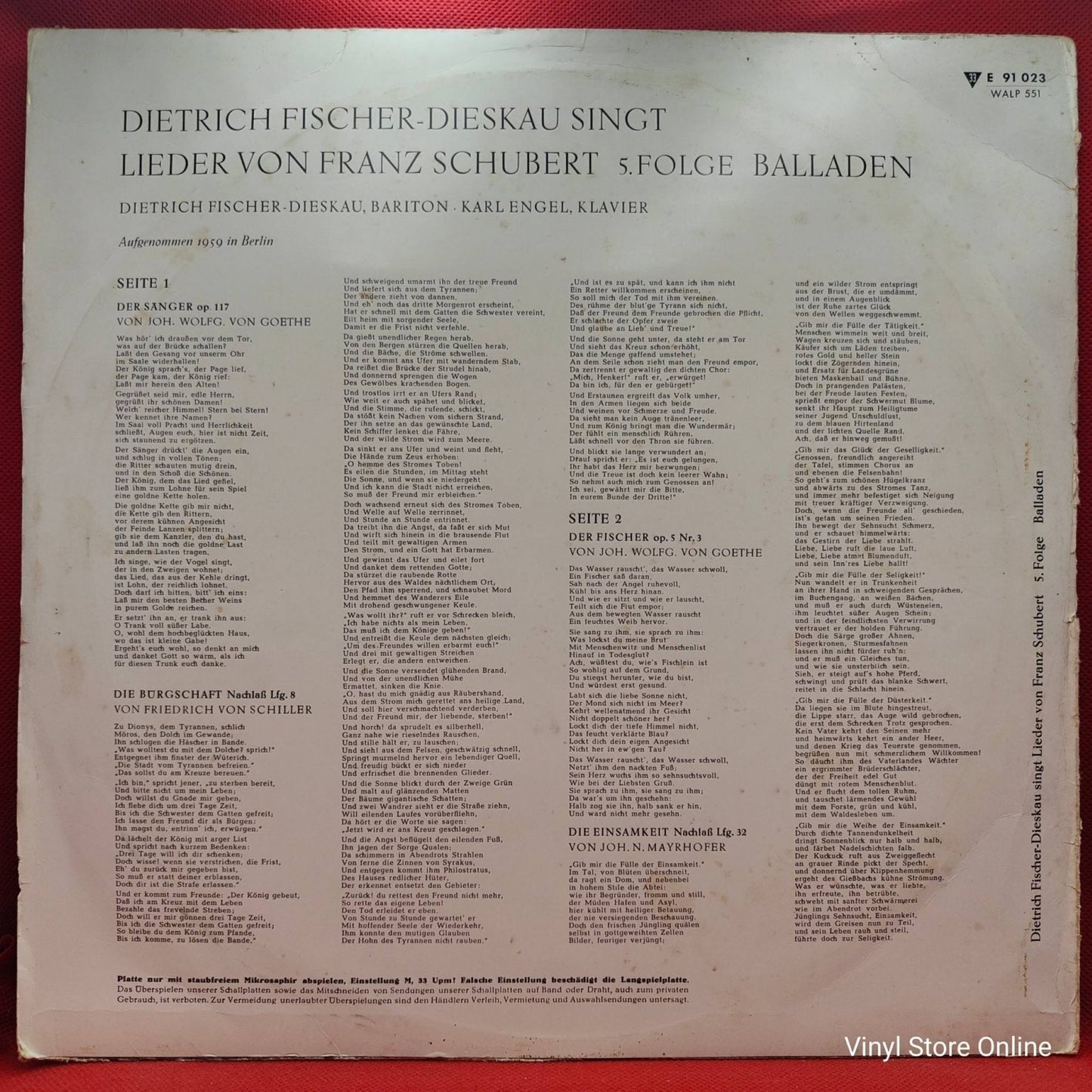 Dietrich Fischer - Dieskau, Karl Engel – Dietrich Fischer - Dieskau Singt Lieder Von Franz Schubert - Vinyl Store Online