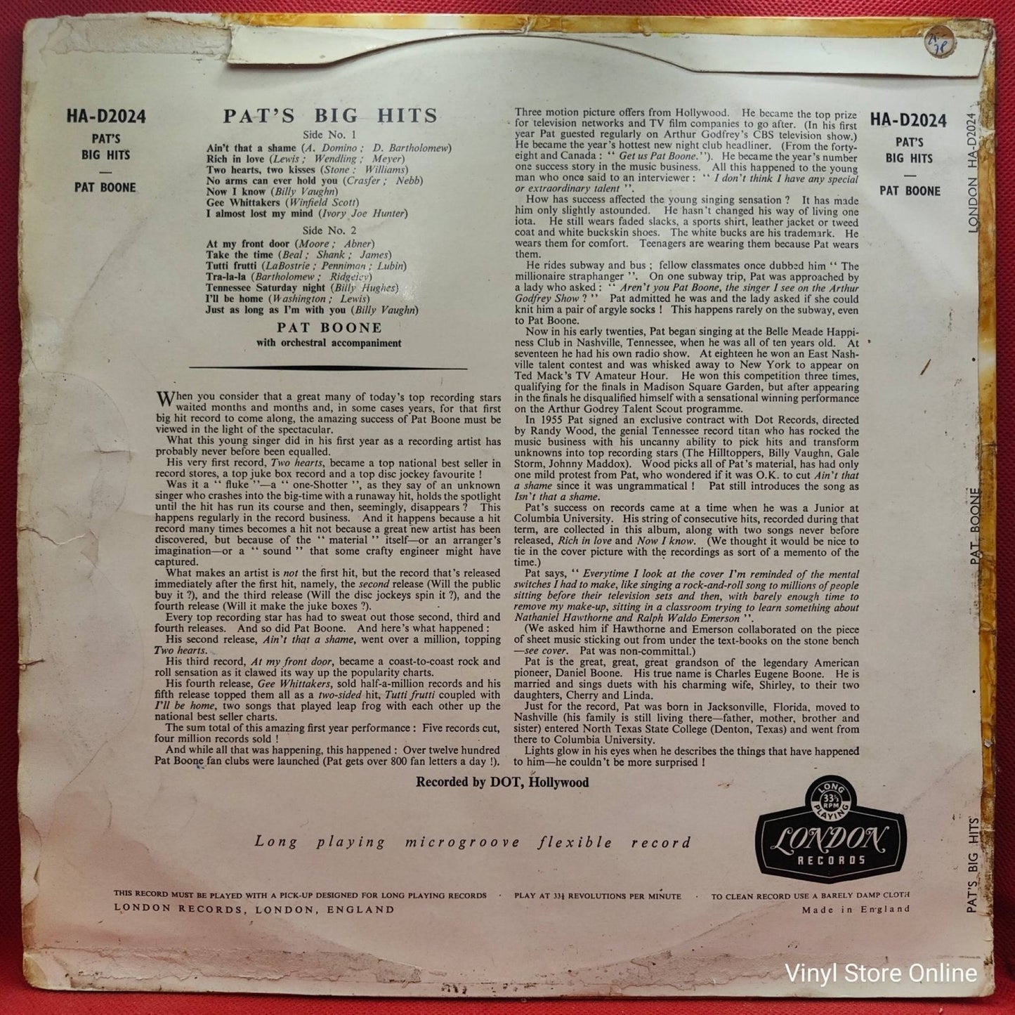 Pat Boone – Pat's Big Hits - Vinyl Store Online