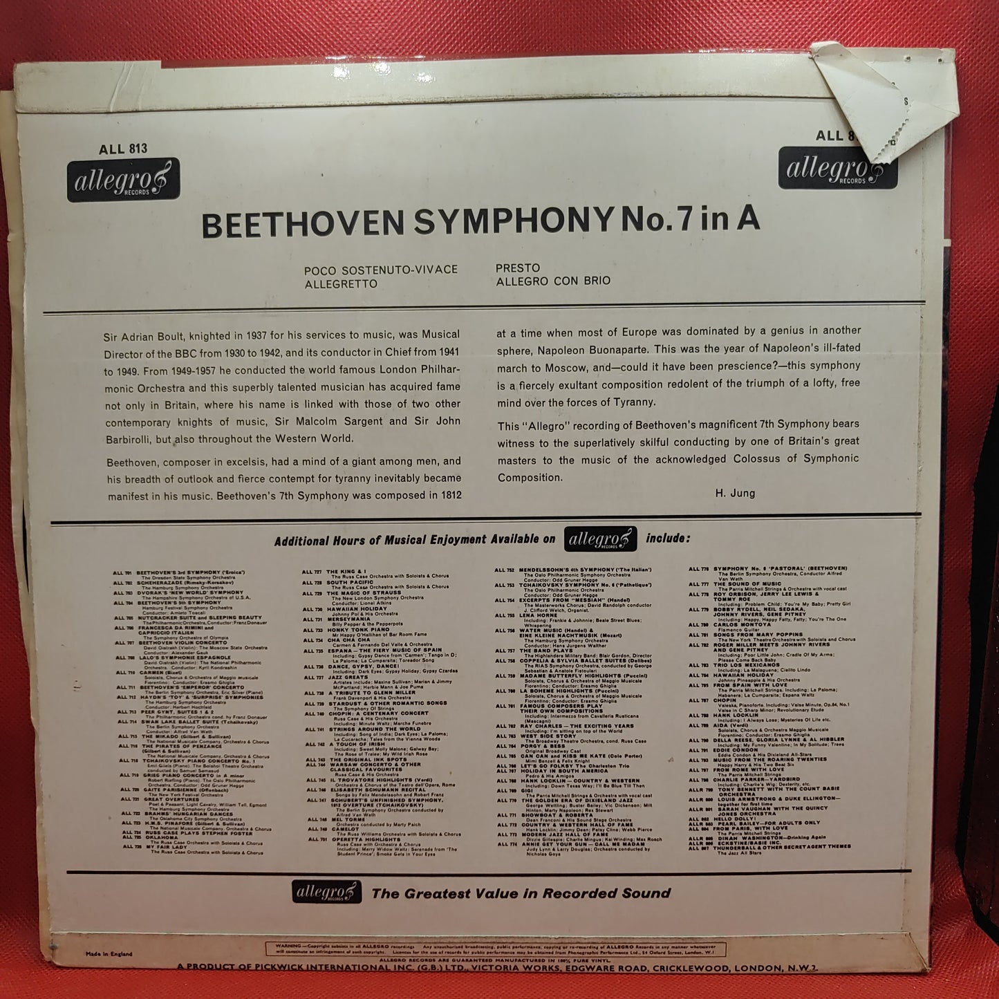 Beethoven, Sir Adrian Boult Conducts The Philharmonic Promenade Orchestra Of London – Symphony No. 7 In A