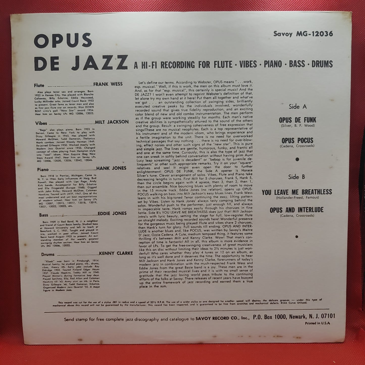 Milt Jackson, Frank Wess, Kenny Clarke, Hank Jones, Eddie Jones – Opus De Jazz
