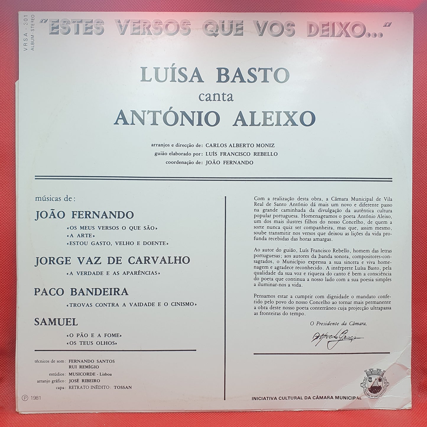 Luisa Basto ‎– Canta António Aleixo - Estes Versos Que Vos Deixo...