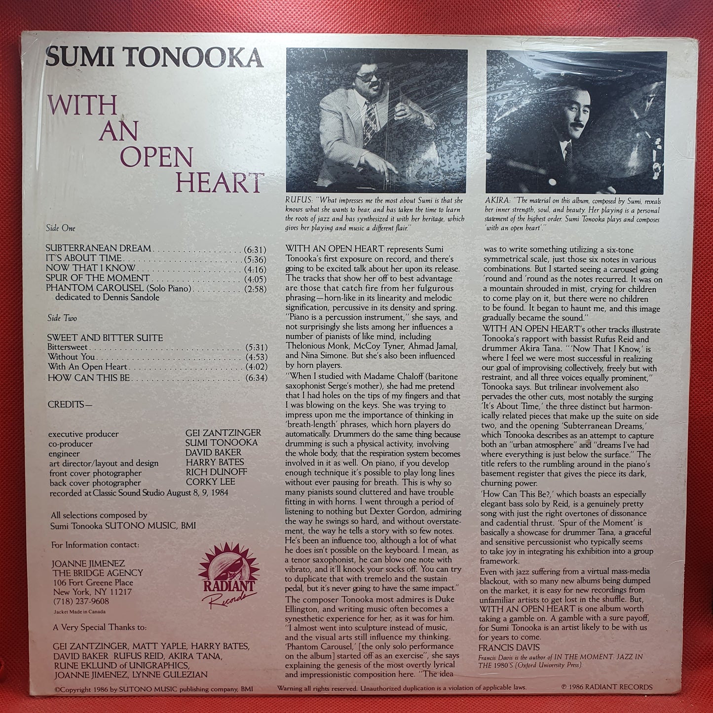 Sumi Tonooka With Rufus Reid And Akira Tana ‎– With An Open Heart