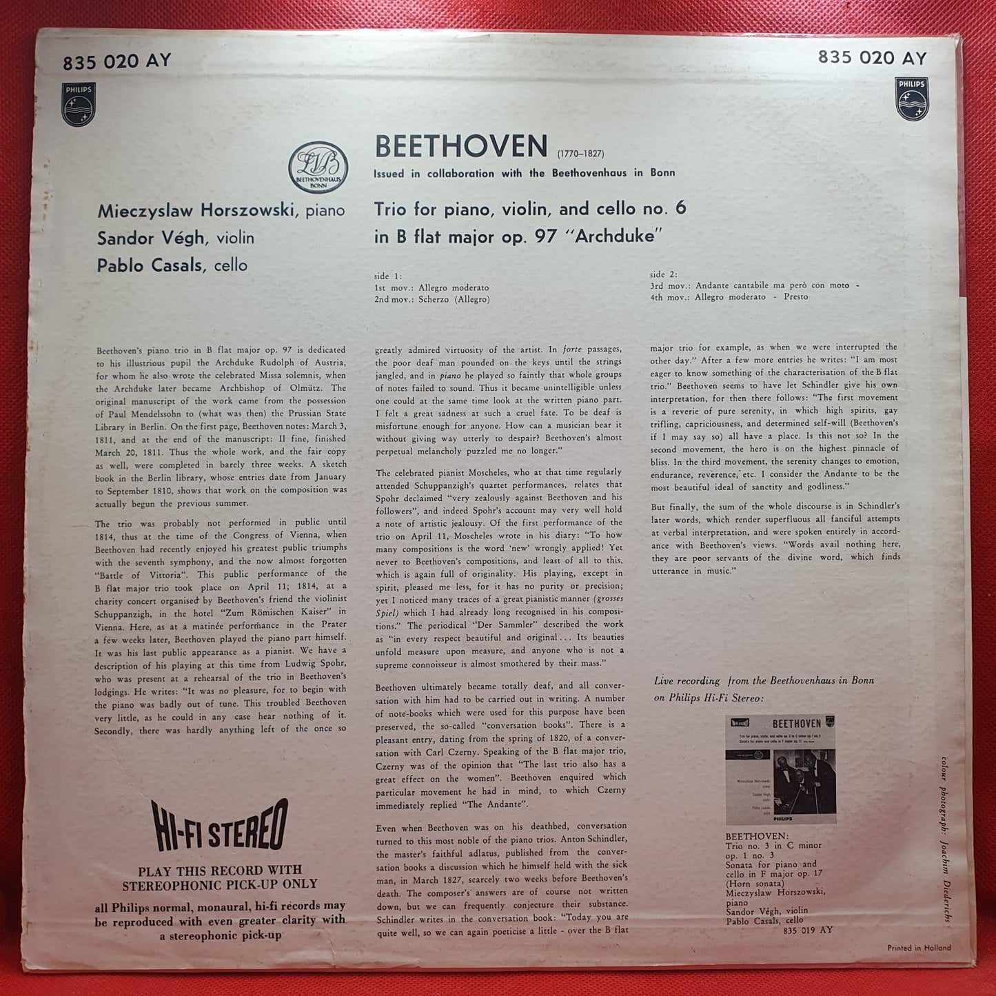 Beethoven* - Mieczyslaw Horszowski, Sandor Végh*, Pablo Casals - Trio For Piano, Violin, And Cello No. 6 In B Flat Major Op. 97 "Archduke" (LP)