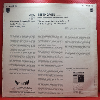 Beethoven* - Mieczyslaw Horszowski, Sandor Végh*, Pablo Casals - Trio For Piano, Violin, And Cello No. 6 In B Flat Major Op. 97 "Archduke" (LP)