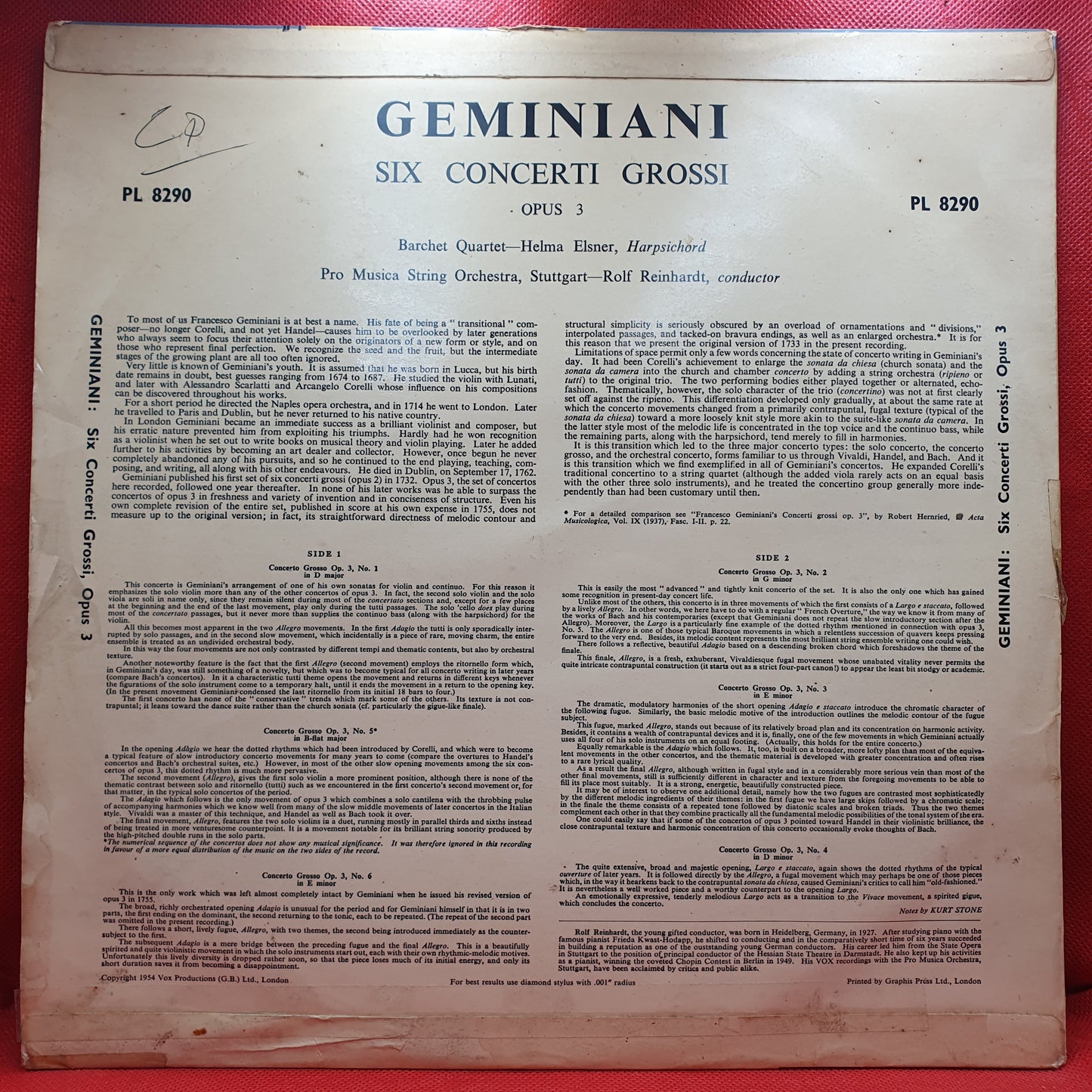 Geminiani* - Barchet Quartet*, Helma Elsner, Pro Musica String Orchestra, Stuttgart*, Rolf Reinhardt - Six Concerti Grossi (Opus 3) (LP)