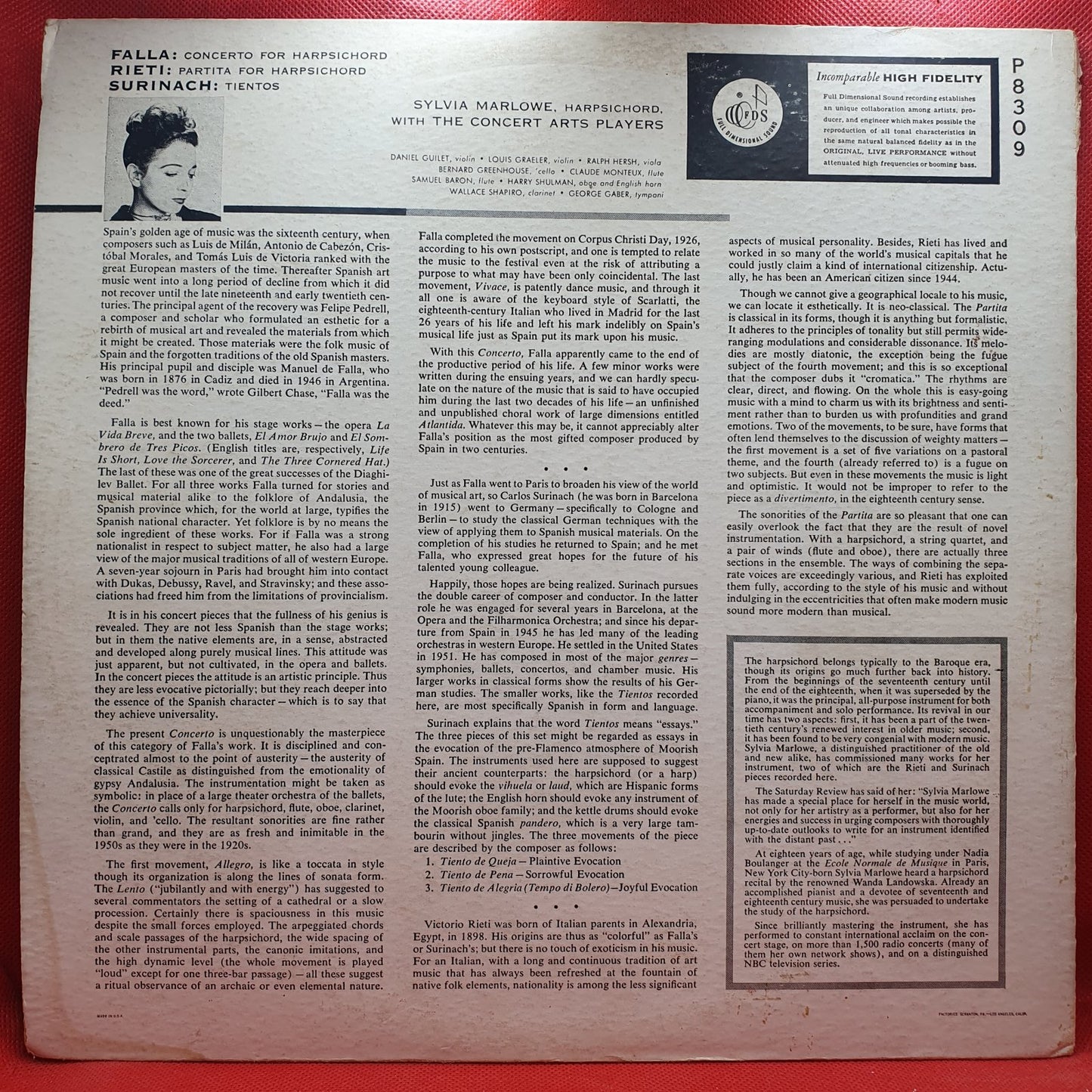 Manuel De Falla, Vittorio Rieti, Carlos Surinach, Sylvia Marlowe, The Concert Arts Players - Concerto For Harpsichord / Tientos / Parita (LP)
