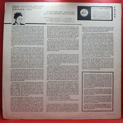 Manuel De Falla, Vittorio Rieti, Carlos Surinach, Sylvia Marlowe, The Concert Arts Players - Concerto For Harpsichord / Tientos / Parita (LP)
