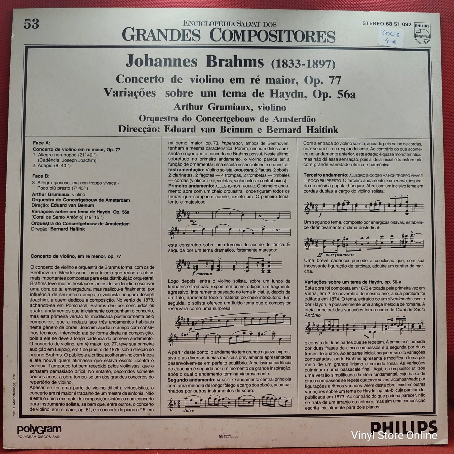 Johannes Brahms, Arthur Grumiaux, Eduard van Beinum - Concerto Pour Violon En Ré Majeur, Op. 77 / Variations Sur Un Thème de Haydn, Op. 56a (LP, Comp)
