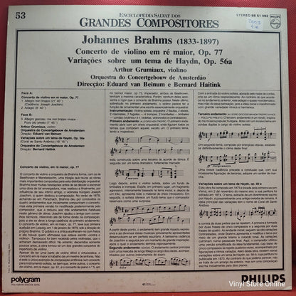 Johannes Brahms, Arthur Grumiaux, Eduard van Beinum - Concerto Pour Violon En Ré Majeur, Op. 77 / Variations Sur Un Thème de Haydn, Op. 56a (LP, Comp)
