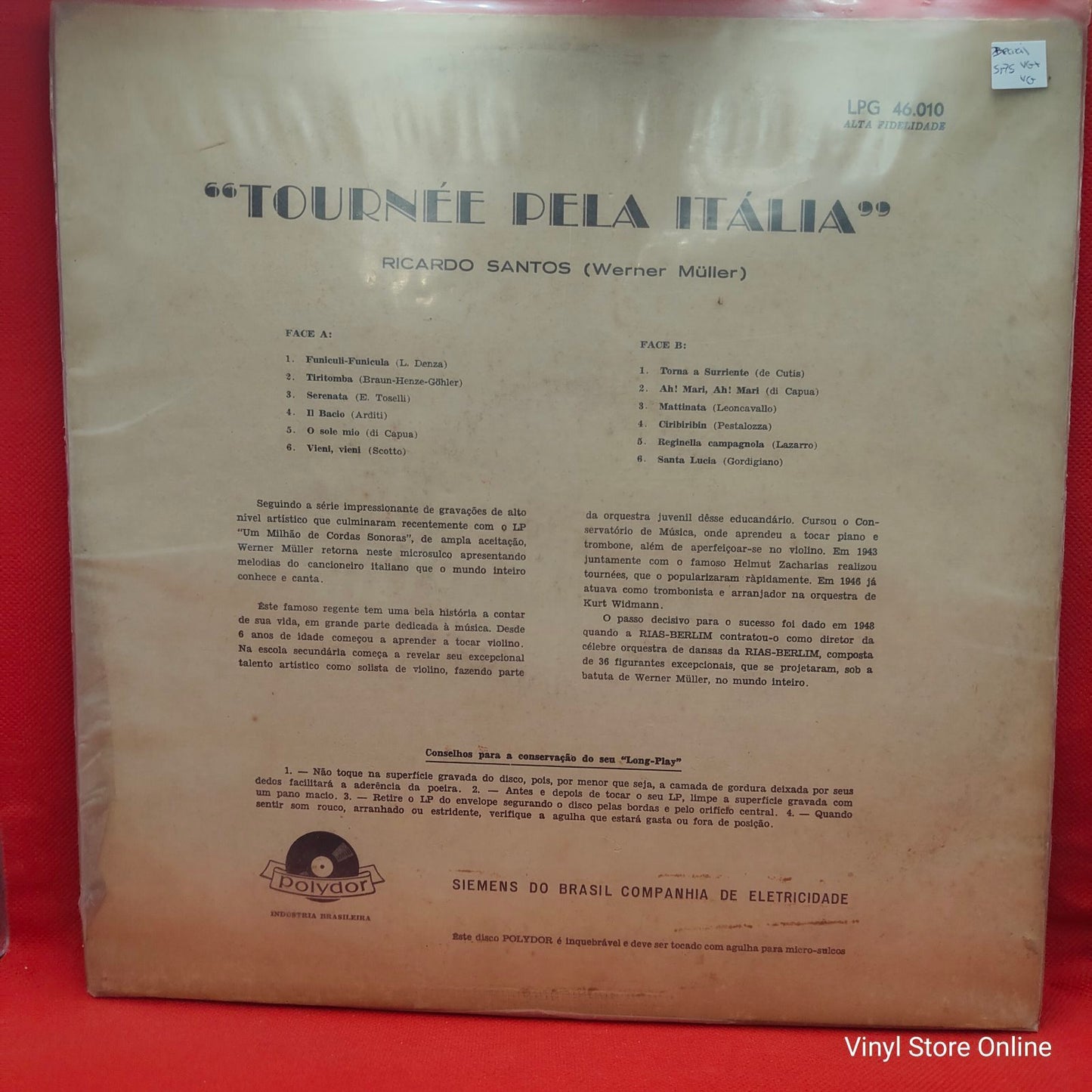 Ricardo Santos (Werner Müller) E Sua Orquestra* - Tournée Pela Itália (LP)