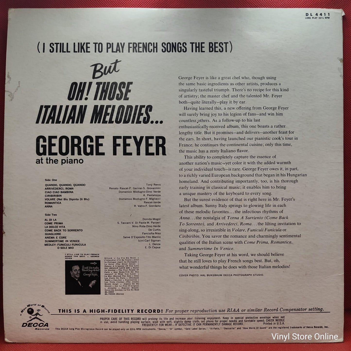 George Feyer - (I Still Like to Play French Songs The Best) But Oh! Those Italian Melodies... (LP)