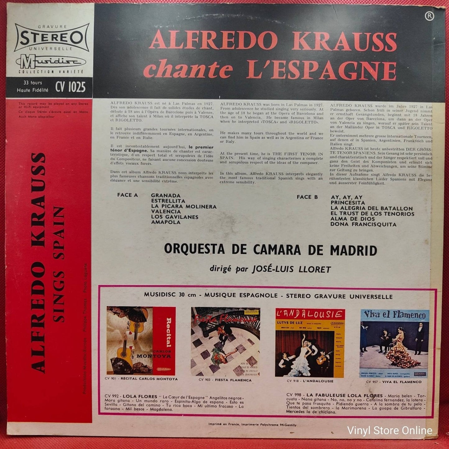 Alfredo Kraus, Orquesta de Cámara de Madrid, José Luis Lloret ‎– Chante L’Espagne - Vinyl Store Online