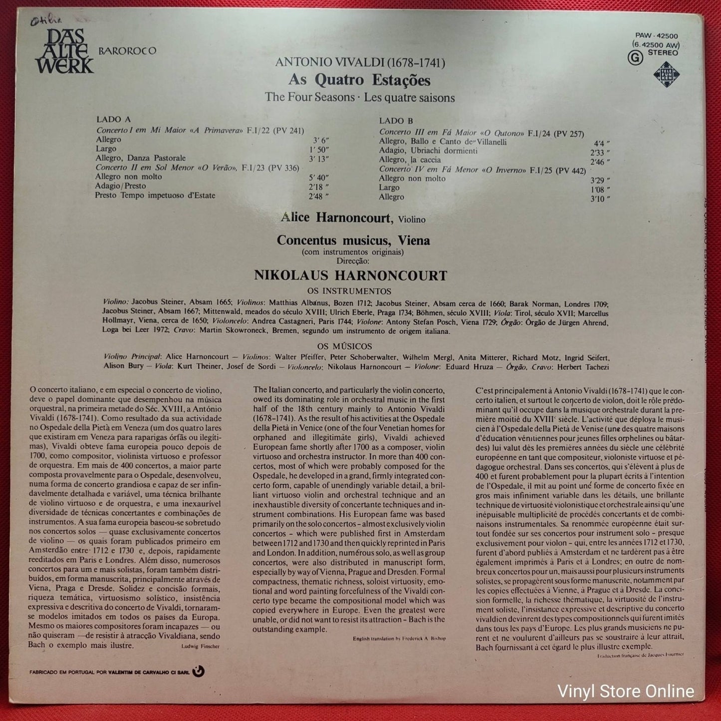 Antonio Vivaldi - Alice Nikolaus Harnoncourt ‎– As Quatro Estações - Vinyl Store Online