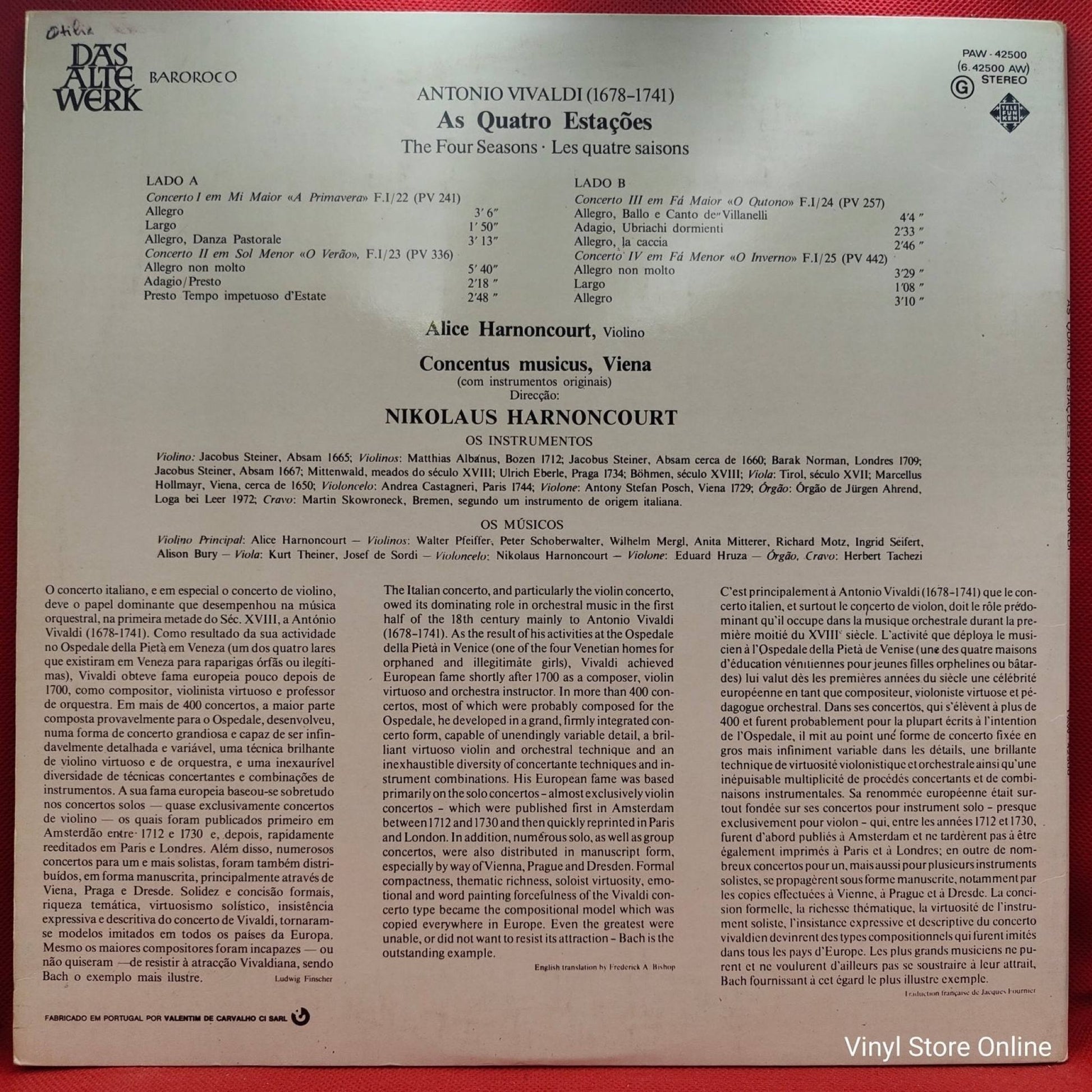 Antonio Vivaldi - Alice Nikolaus Harnoncourt ‎– As Quatro Estações - Vinyl Store Online