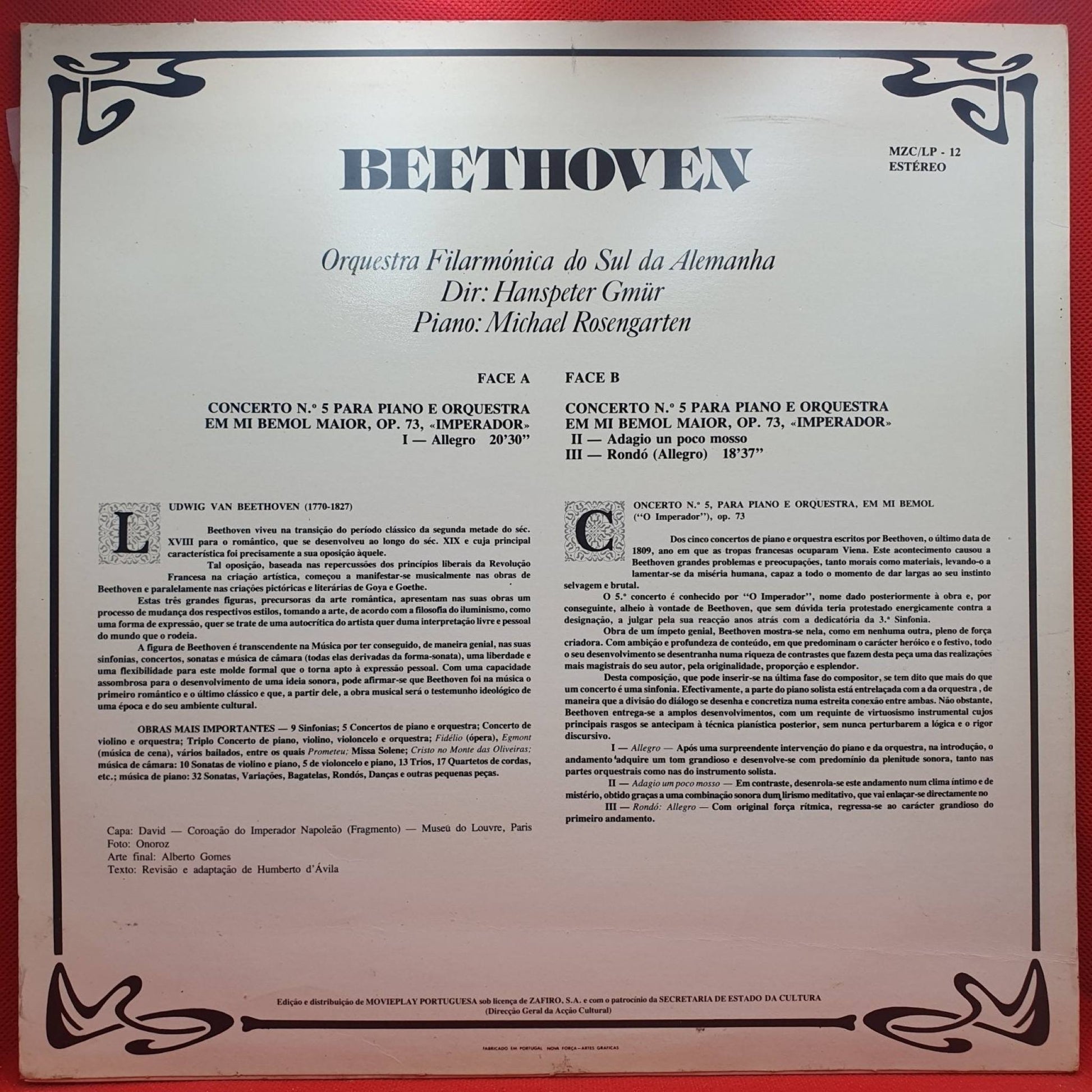Beethoven, Hanspeter Gmür, Michael Rosengarten ‎– Concerto Nº5 Para Piano E Orquestra Em Mi Bemol Maior, Op.73 «Imperador» - Vinyl Store Online