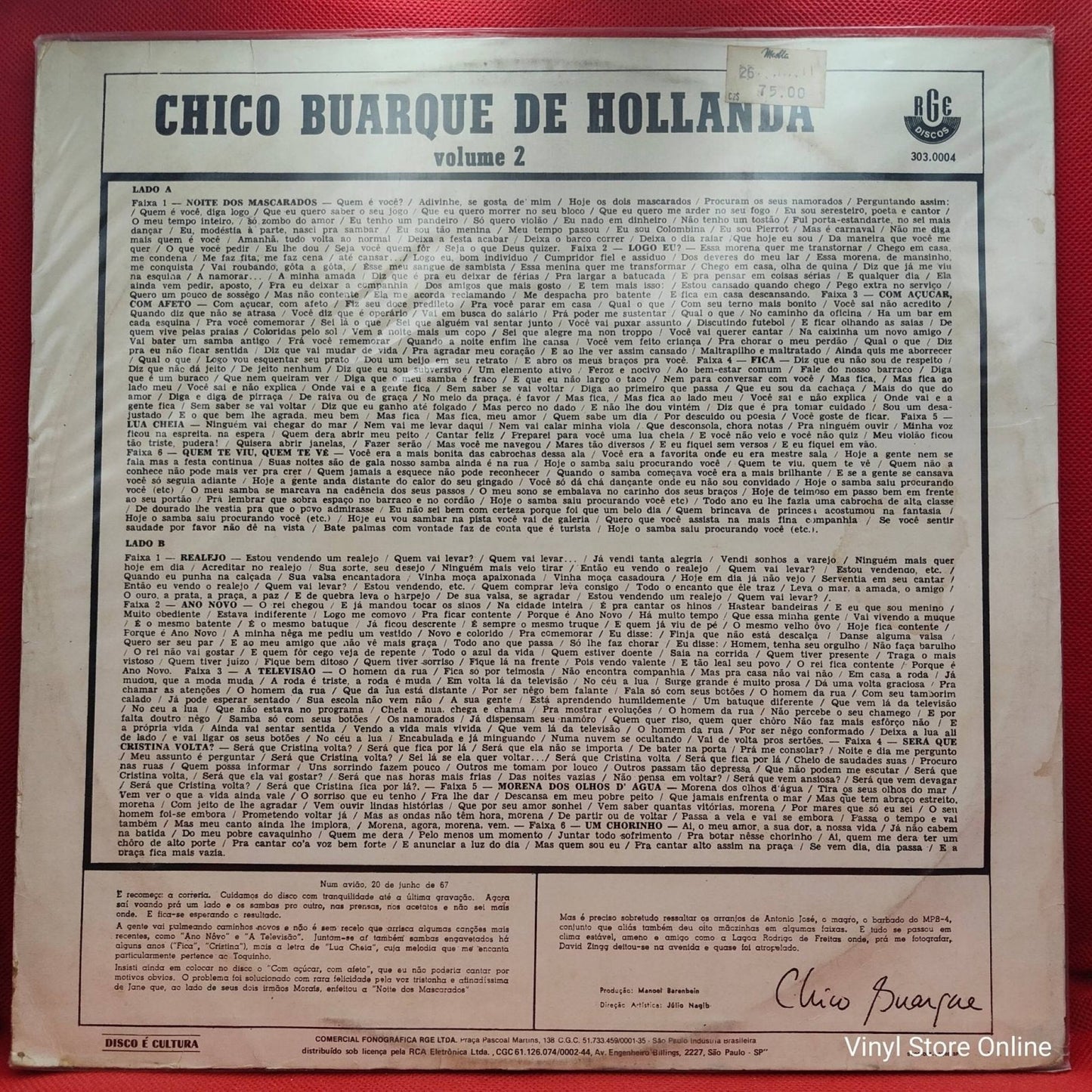 Chico Buarque De Hollanda ‎– Chico Buarque De Hollanda Volume 2 - Vinyl Store Online