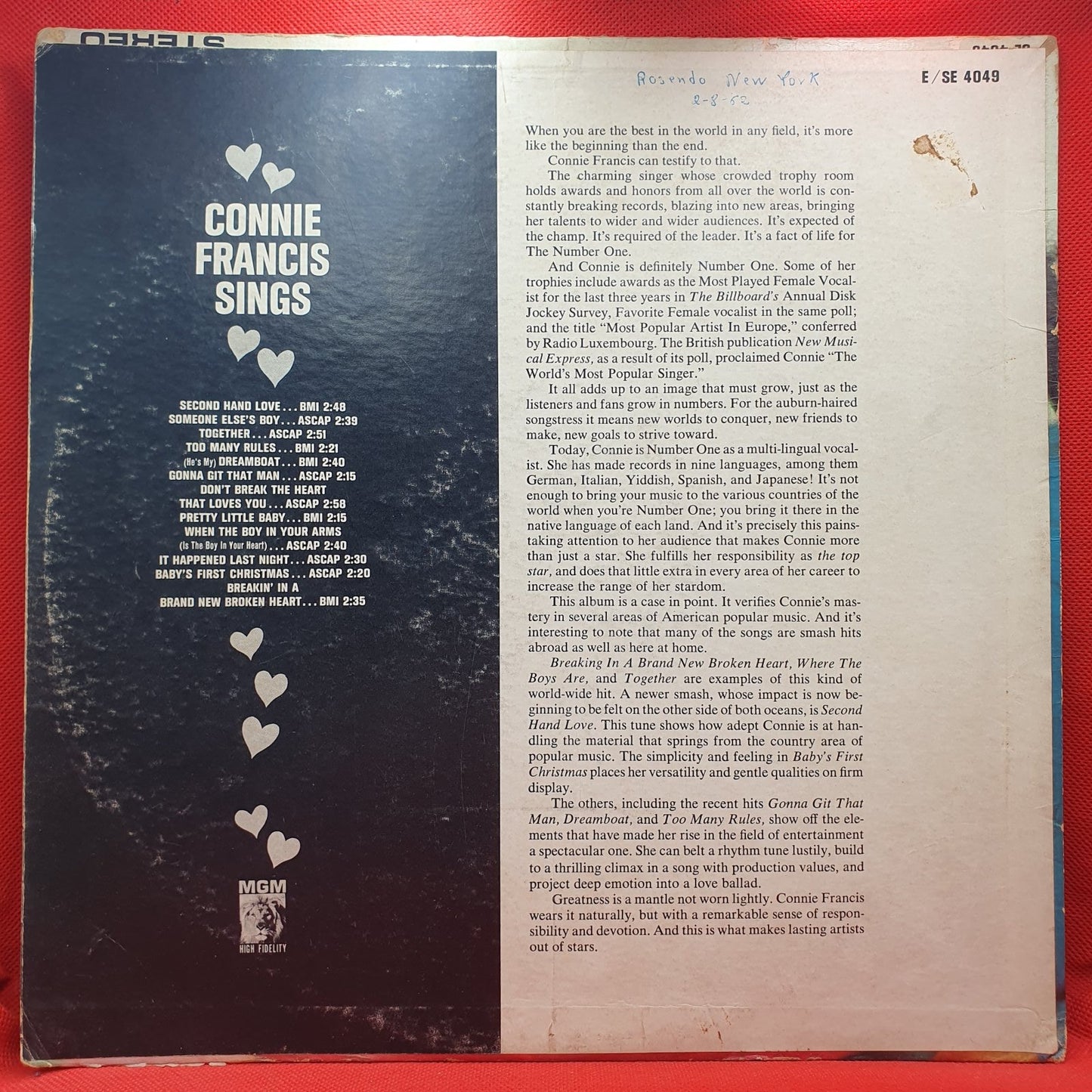 Connie Francis - Second Hand Love And Other Hits (LP) · fotografia 2