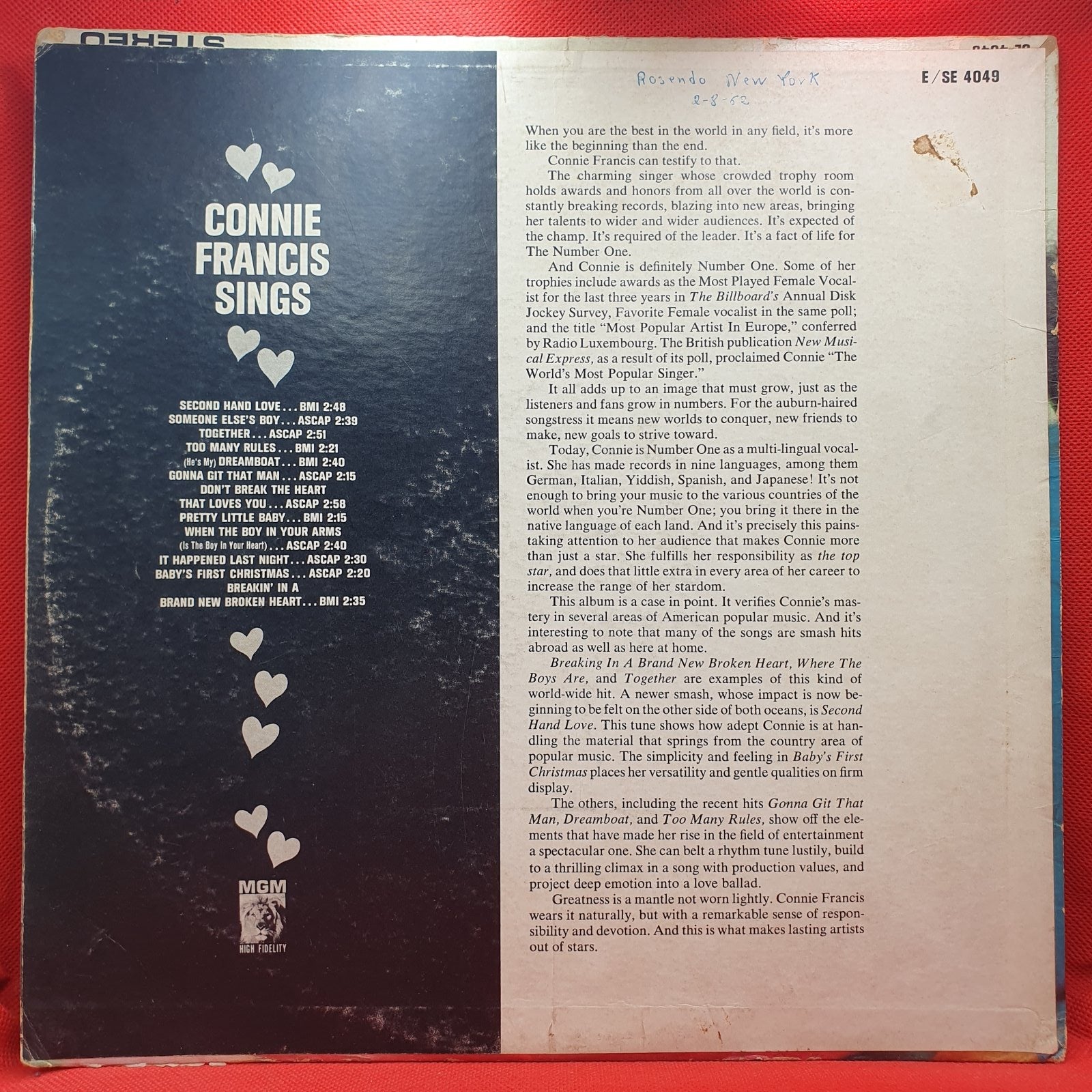 Connie Francis - Second Hand Love And Other Hits (LP) · fotografia 2