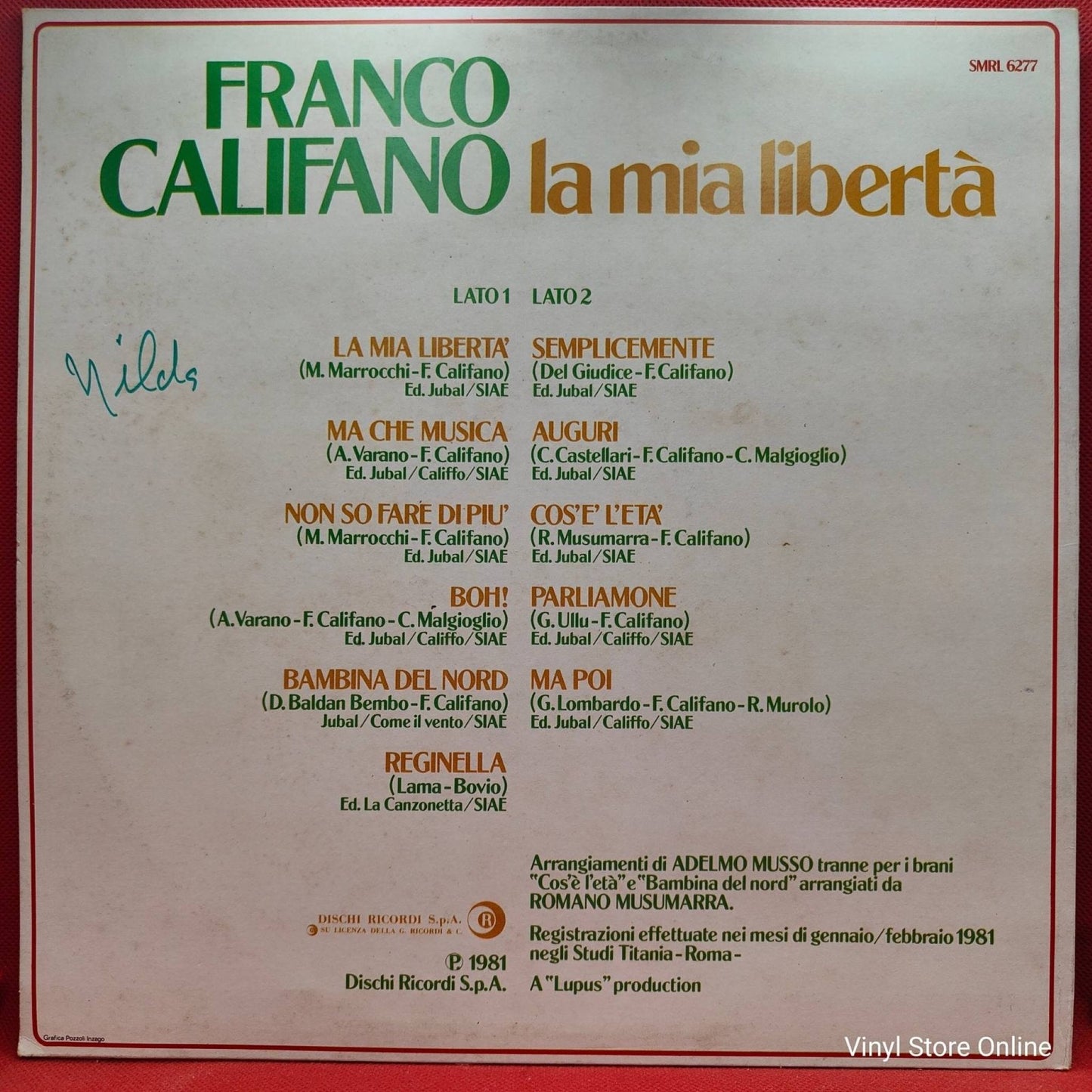 Franco Califano ‎– La Mia Libertà - Vinyl Store Online