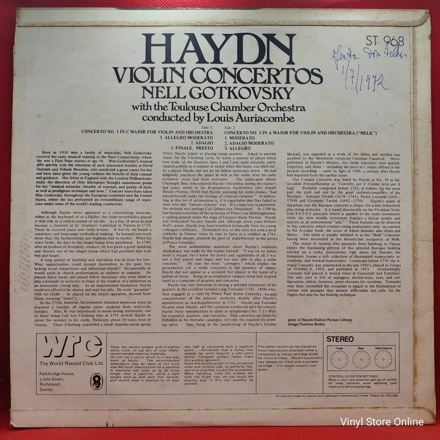 Haydn, Nell Gotkovsky ‎– Violin Concertos: No. 1 In C Major / No. 3 In A Major - Vinyl Store Online