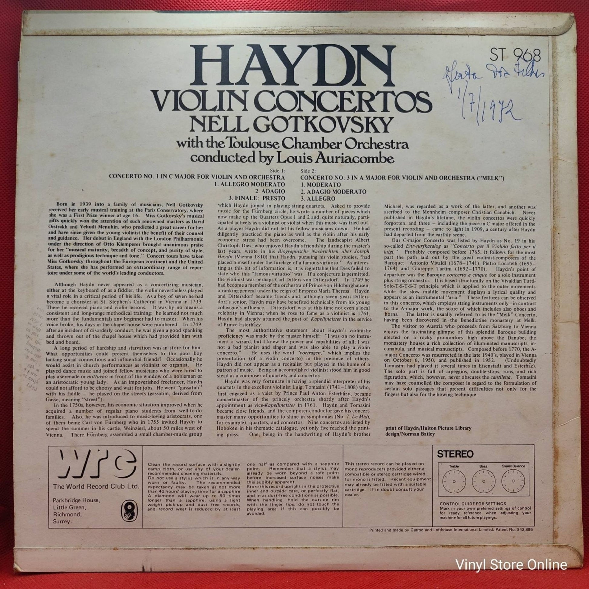Haydn, Nell Gotkovsky ‎– Violin Concertos: No. 1 In C Major / No. 3 In A Major - Vinyl Store Online
