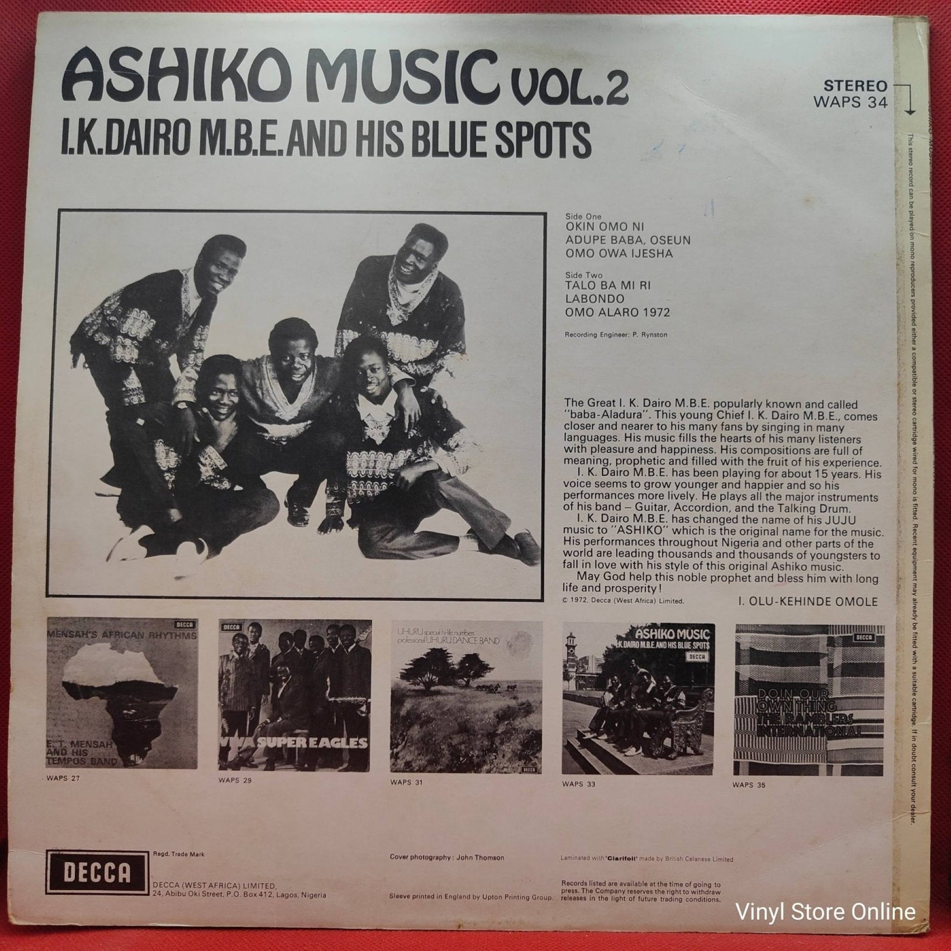 I.K. Dairo M.B.E. And His Blue Spots* ‎– Ashiko Music Vol.2 - Vinyl Store Online