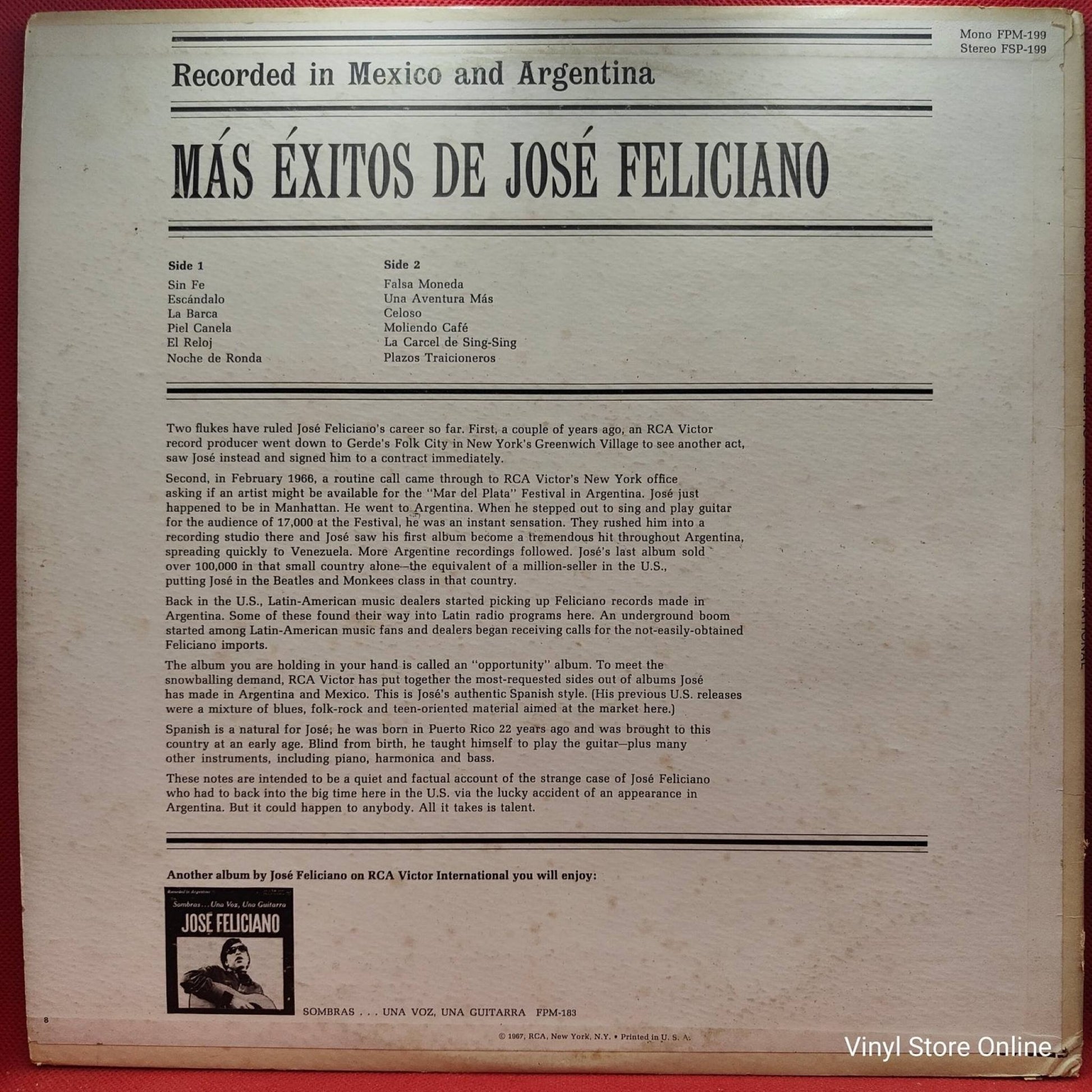 José Feliciano ‎– Más Éxitos De José Feliciano - Vinyl Store Online