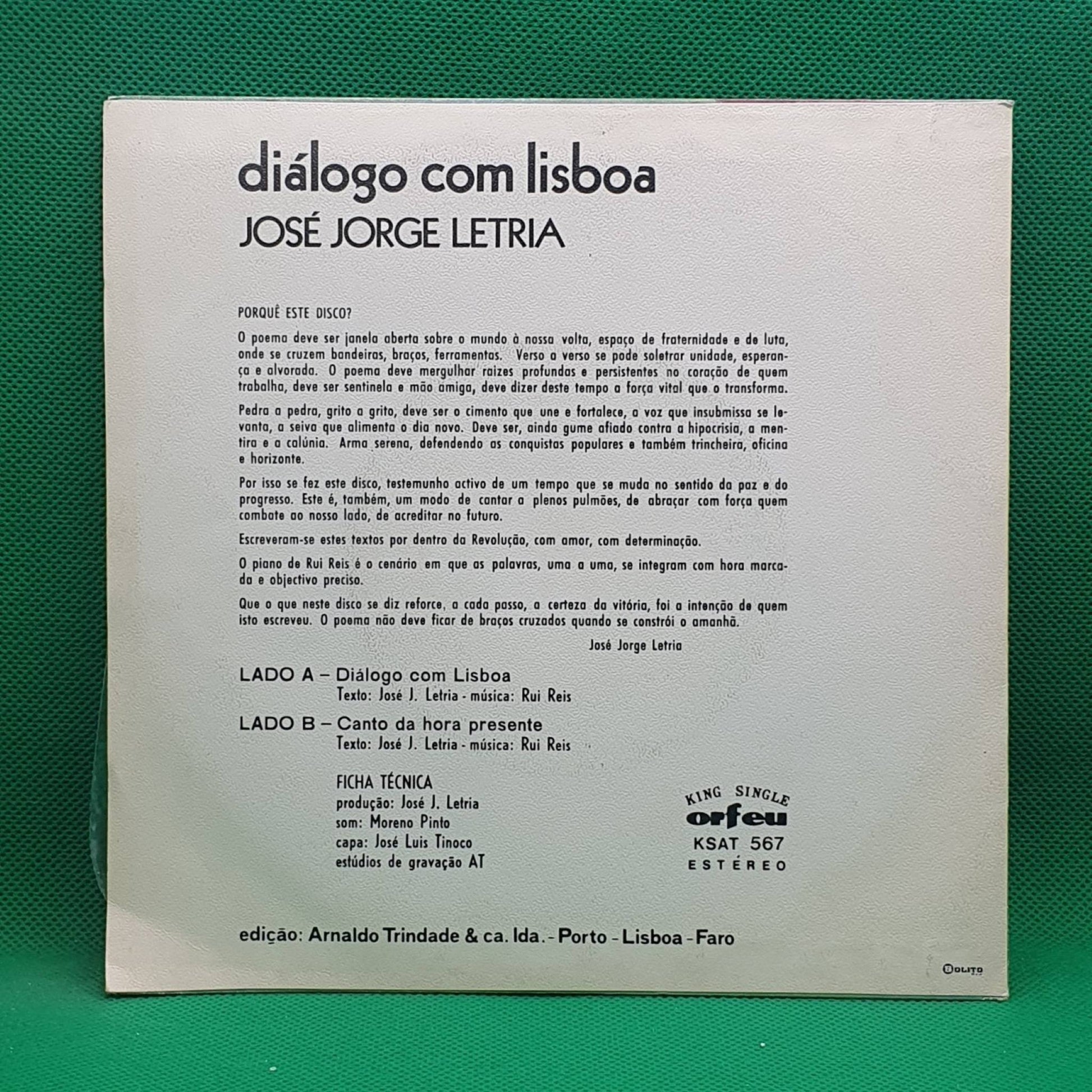 José Jorge Letria ‎– Diálogo Com Lisboa - Vinyl Store Online