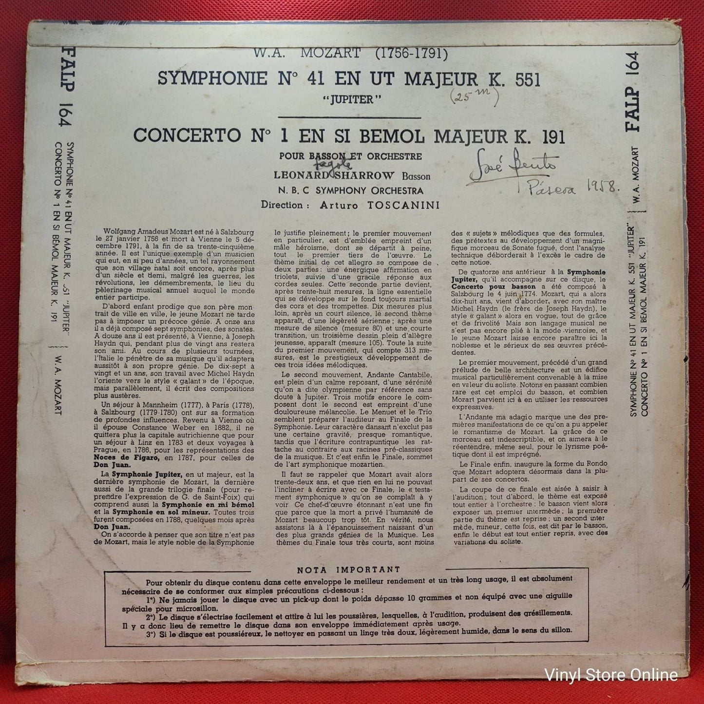 Mozart, Arturo Toscanini - Symphonie Jupiter, Concerto Nº1 pour Basson - Vinyl Store Online