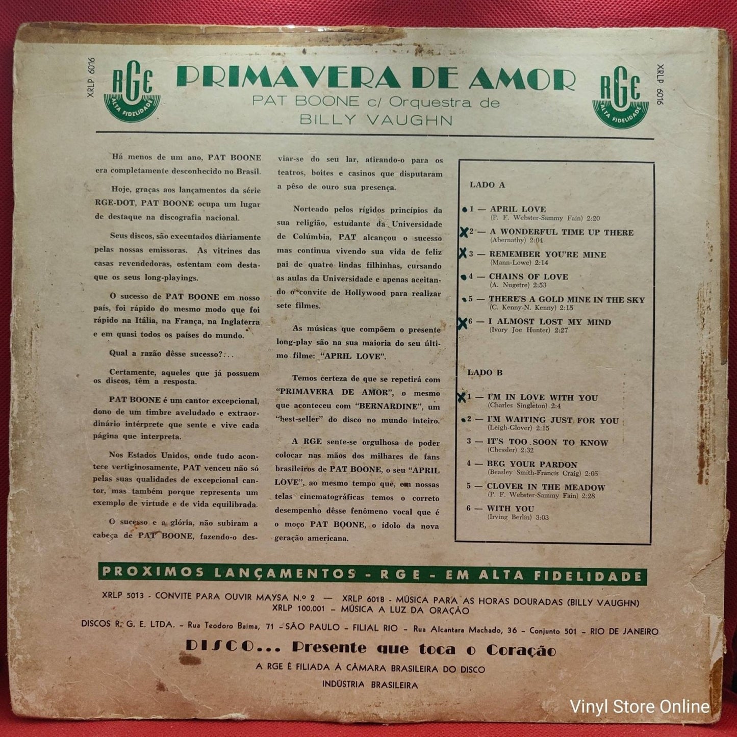 Pat Boone ‎– Primavera De Amor - Vinyl Store Online