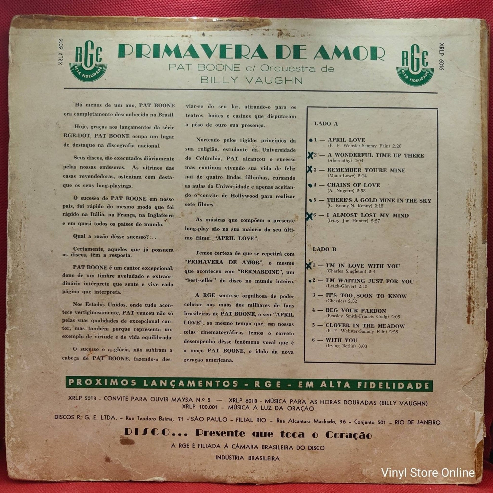 Pat Boone ‎– Primavera De Amor - Vinyl Store Online