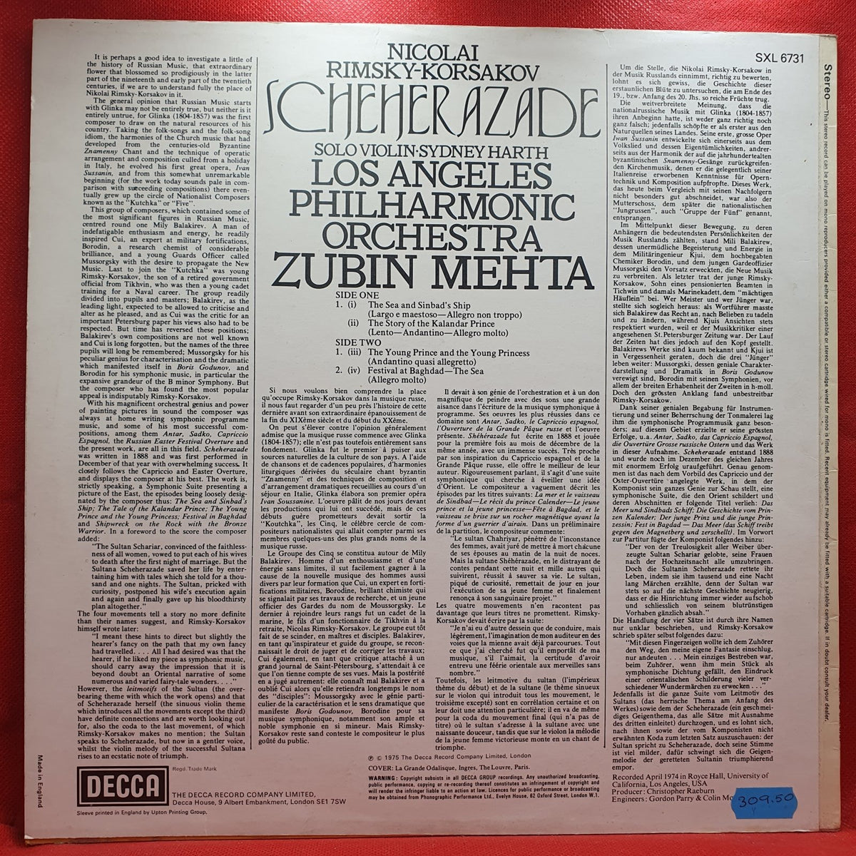 Rimsky-Korsakoff / Mehta*, The Los Angeles Philharmonic Orchestra - Scheherazade (LP) · fotografia 2 · VSO#1431-3670