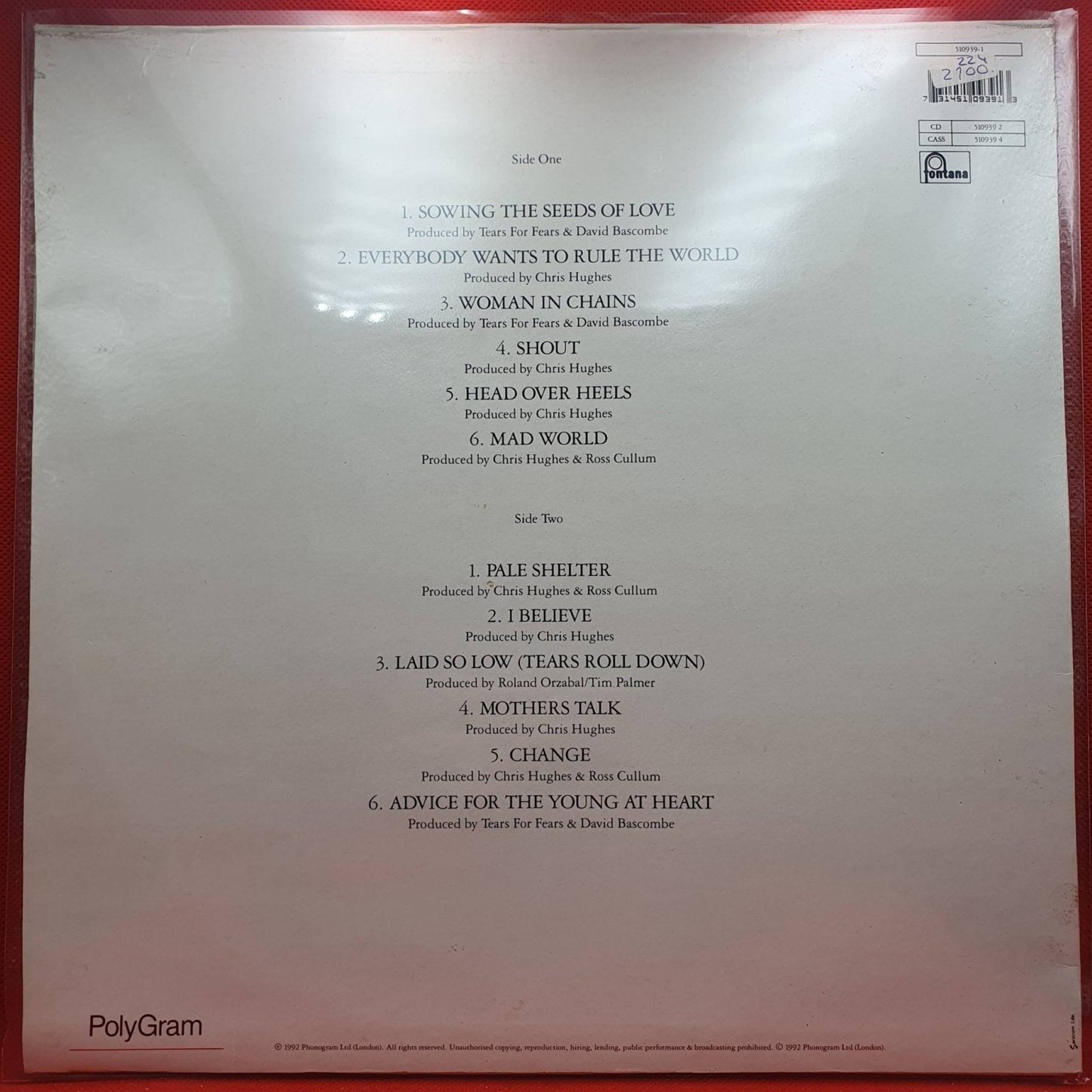 Tears For Fears ‎– Tears Roll Down (Greatest Hits 82 - 92) - Vinyl Store Online