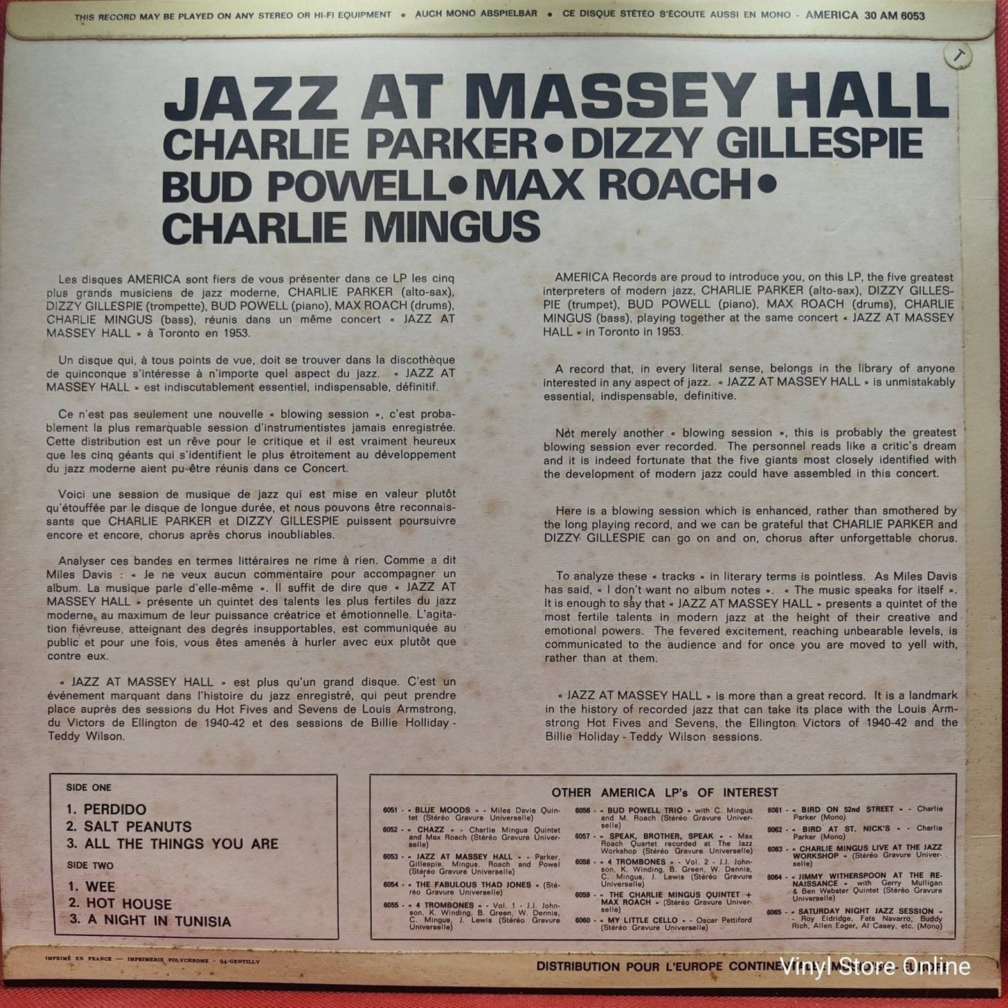 The Quintet ‎– Jazz At Massey Hall - Vinyl Store Online