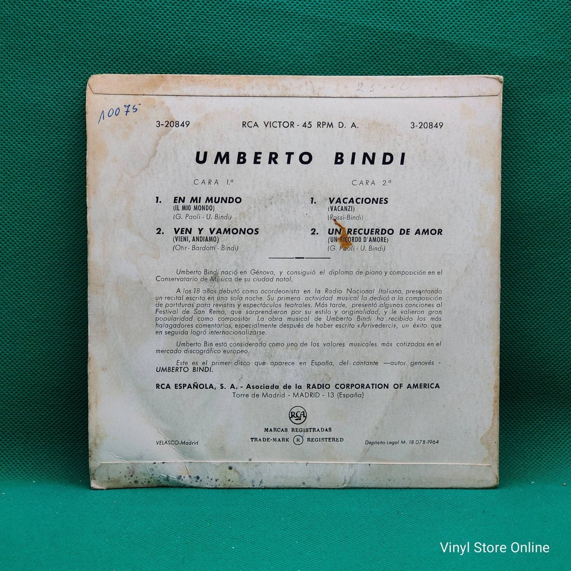 Umberto Bindi ‎– Il Mio Mondo / Vieni, Andiamo / Vacanzi / Un Ricordo D'Amore - Vinyl Store Online